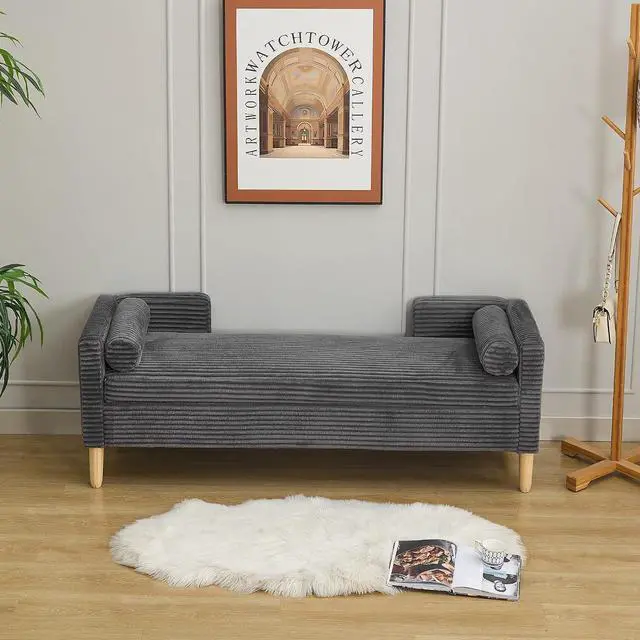 Alt view image 6 of 7 - 65.35"Storage Bench with End Lift Cover, Corduroy Upholstered End of Bed Bench, Ottoman with Armrests&Backrest, Foot Stool with 2 Rolled Pillows,Wood Legs for Living Room, Entryway, Bedroom, Charcoal