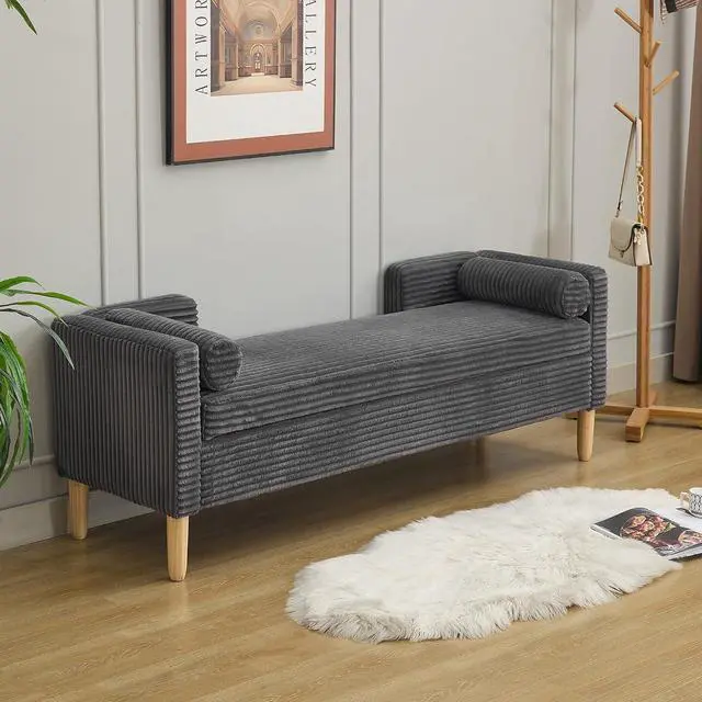 Alt view image 5 of 7 - 65.35"Storage Bench with End Lift Cover, Corduroy Upholstered End of Bed Bench, Ottoman with Armrests&Backrest, Foot Stool with 2 Rolled Pillows,Wood Legs for Living Room, Entryway, Bedroom, Charcoal