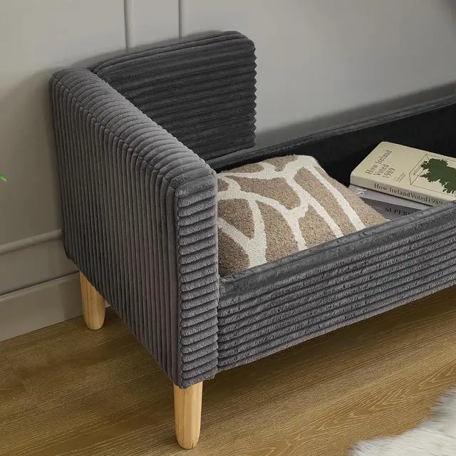 Alt view image 7 of 7 - 65.35"Storage Bench with End Lift Cover, Corduroy Upholstered End of Bed Bench, Ottoman with Armrests&Backrest, Foot Stool with 2 Rolled Pillows,Wood Legs for Living Room, Entryway, Bedroom, Charcoal