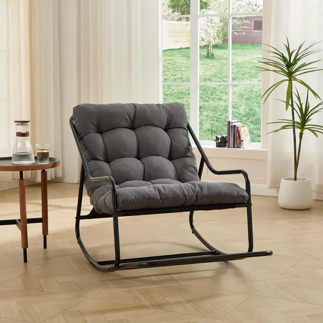 Alt view image 3 of 7 - Outdoor Patio Rocking Chair with Removable Cushion, Armless Accent Lounge Chair with Soft Staple Fiber Cushion, Metal Frame and Footrest for Living Room, Bedroom, Reading Room, Grey