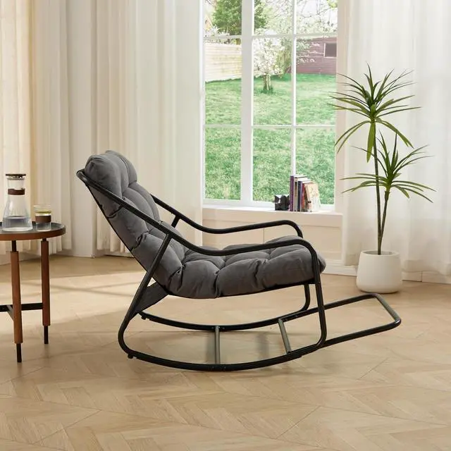Alt view image 4 of 7 - Outdoor Patio Rocking Chair with Removable Cushion, Armless Accent Lounge Chair with Soft Staple Fiber Cushion, Metal Frame and Footrest for Living Room, Bedroom, Reading Room, Grey