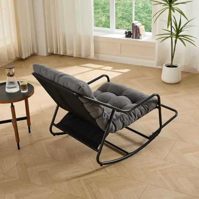 Alt view image 5 of 7 - Outdoor Patio Rocking Chair with Removable Cushion, Armless Accent Lounge Chair with Soft Staple Fiber Cushion, Metal Frame and Footrest for Living Room, Bedroom, Reading Room, Grey