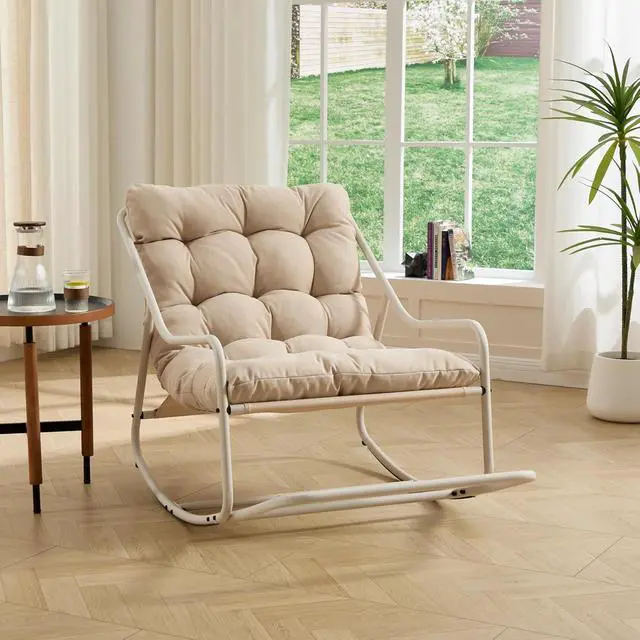 Alt view image 3 of 7 - Outdoor Patio Rocking Chair with Removable Cushion, Armless Accent Lounge Chair with Soft Staple Fiber Cushion, Metal Frame and Footrest for Living Room, Bedroom, Reading Room, Beige