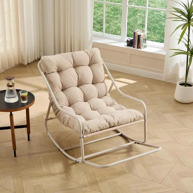 Main image of Outdoor Patio Rocking Chair with Removable Cushion, Armless Accent Lounge Chair with Soft Staple Fiber Cushion, Metal Frame and Footrest for Living Room, Bedroom, Reading Room, Beige