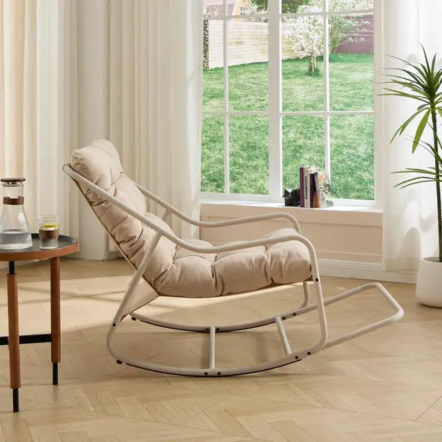 Alt view image 4 of 7 - Outdoor Patio Rocking Chair with Removable Cushion, Armless Accent Lounge Chair with Soft Staple Fiber Cushion, Metal Frame and Footrest for Living Room, Bedroom, Reading Room, Beige