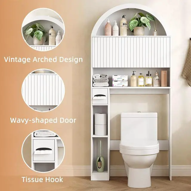 Alt view image 3 of 7 - 31" W Arched Over The Toilet Storage Cabinet, Fluted Doors, White | Over Toilet Bathroom Organizer with Doors, Bathroom Storage Cabinet with Toilet Paper Holder and Anti-Tipping Device