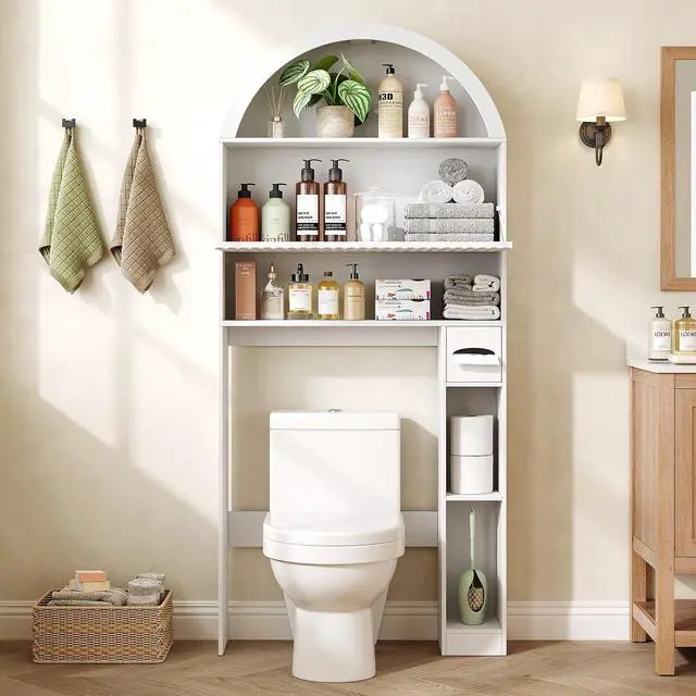 Alt view image 5 of 7 - 31" W Arched Over The Toilet Storage Cabinet, Fluted Doors, White | Over Toilet Bathroom Organizer with Doors, Bathroom Storage Cabinet with Toilet Paper Holder and Anti-Tipping Device