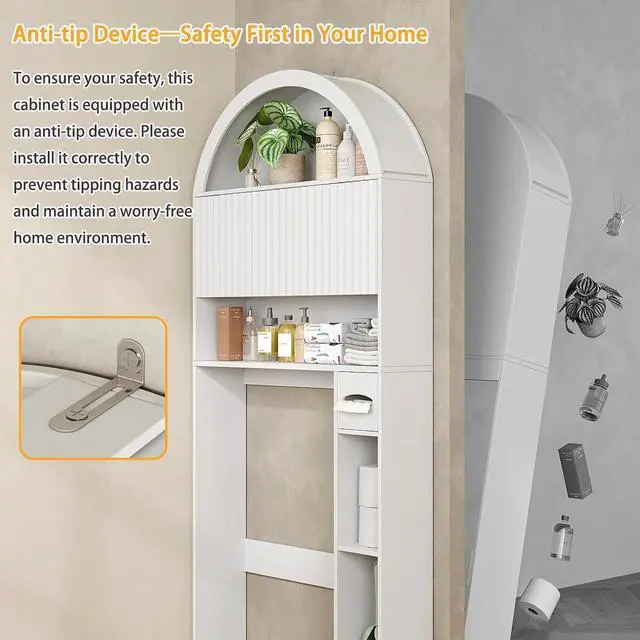 Alt view image 6 of 7 - 31" W Arched Over The Toilet Storage Cabinet, Fluted Doors, White | Over Toilet Bathroom Organizer with Doors, Bathroom Storage Cabinet with Toilet Paper Holder and Anti-Tipping Device
