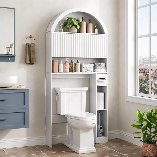 Alt view image 7 of 7 - 31" W Arched Over The Toilet Storage Cabinet, Fluted Doors, White | Over Toilet Bathroom Organizer with Doors, Bathroom Storage Cabinet with Toilet Paper Holder and Anti-Tipping Device