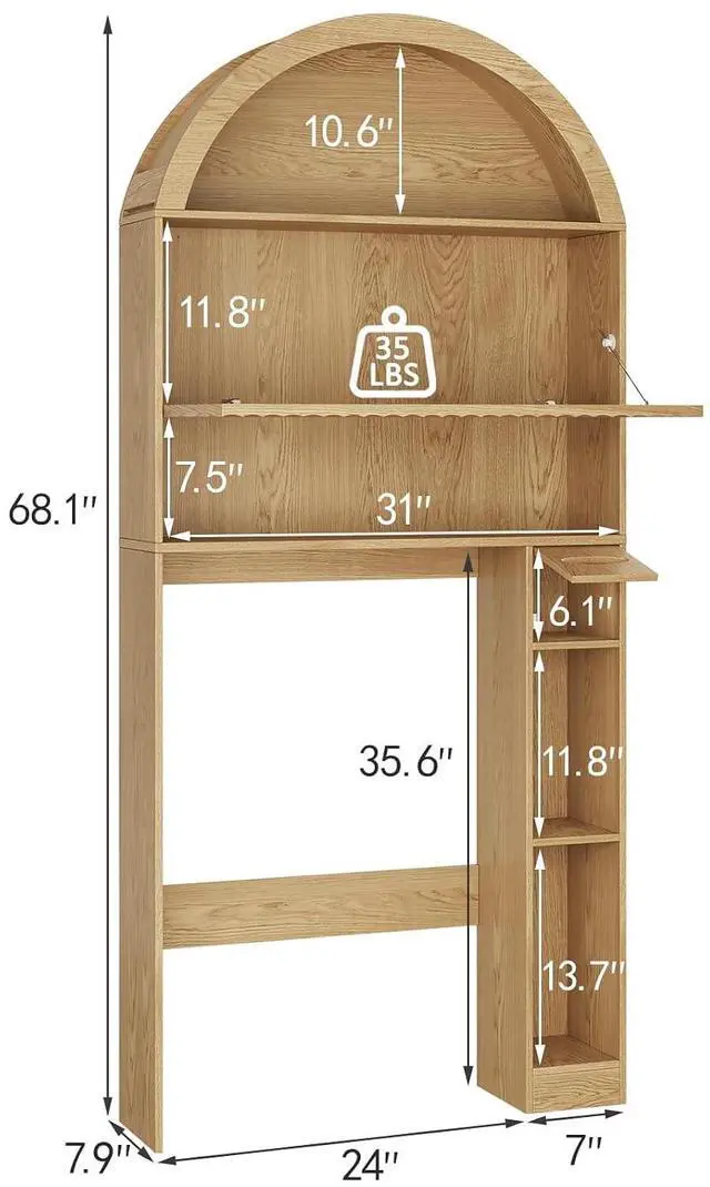 Alt view image 2 of 7 - 31" W Arched Over The Toilet Storage Cabinet, Fluted Doors, Natural | Over Toilet Bathroom Organizer with Doors, Bathroom Storage Cabinet with Toilet Paper Holder and Anti-Tipping Device