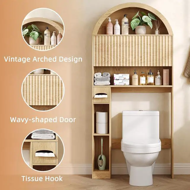 Alt view image 3 of 7 - 31" W Arched Over The Toilet Storage Cabinet, Fluted Doors, Natural | Over Toilet Bathroom Organizer with Doors, Bathroom Storage Cabinet with Toilet Paper Holder and Anti-Tipping Device