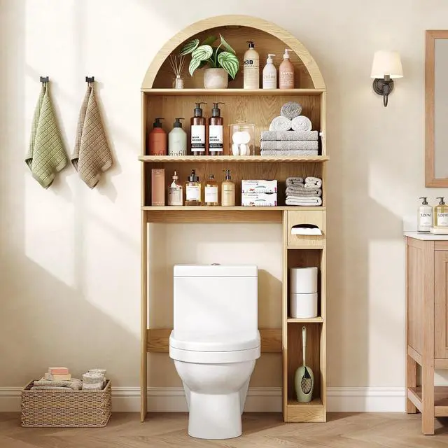 Alt view image 5 of 7 - 31" W Arched Over The Toilet Storage Cabinet, Fluted Doors, Natural | Over Toilet Bathroom Organizer with Doors, Bathroom Storage Cabinet with Toilet Paper Holder and Anti-Tipping Device