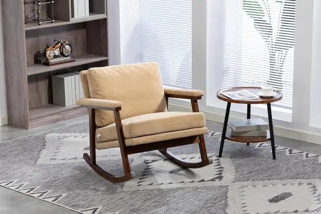 Main image of Mid Century Accent Rocking Chair with Removable Cushion, Retractable Living Room Glider Chair with Wood Frame, Washable Cushion Cover, Velvet Upholstered Reading Armchair for Bedroom Sunroom, Khaki