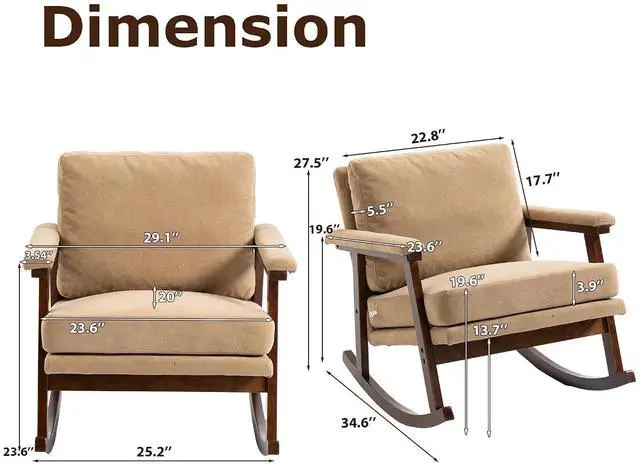 Alt view image 2 of 6 - Mid Century Accent Rocking Chair with Removable Cushion, Retractable Living Room Glider Chair with Wood Frame, Washable Cushion Cover, Velvet Upholstered Reading Armchair for Bedroom Sunroom, Khaki
