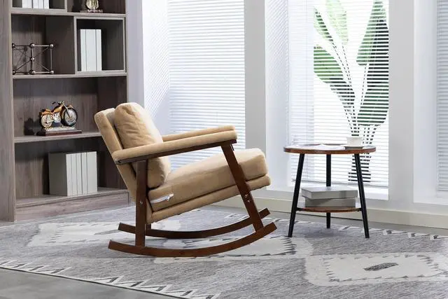 Alt view image 3 of 6 - Mid Century Accent Rocking Chair with Removable Cushion, Retractable Living Room Glider Chair with Wood Frame, Washable Cushion Cover, Velvet Upholstered Reading Armchair for Bedroom Sunroom, Khaki