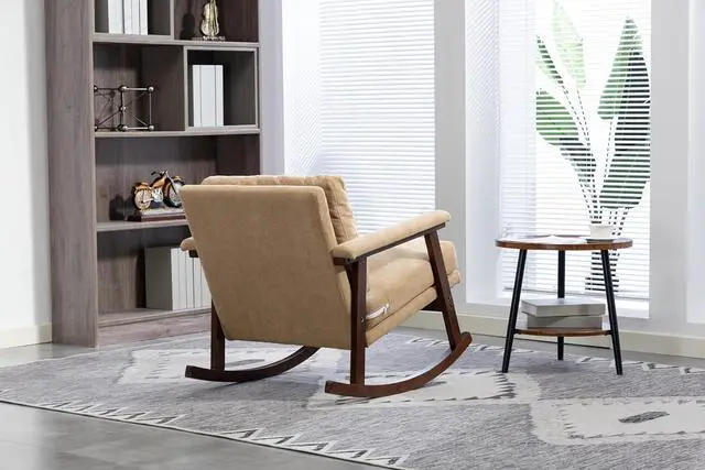 Alt view image 4 of 6 - Mid Century Accent Rocking Chair with Removable Cushion, Retractable Living Room Glider Chair with Wood Frame, Washable Cushion Cover, Velvet Upholstered Reading Armchair for Bedroom Sunroom, Khaki
