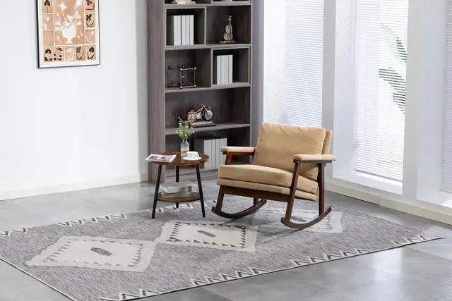 Alt view image 5 of 6 - Mid Century Accent Rocking Chair with Removable Cushion, Retractable Living Room Glider Chair with Wood Frame, Washable Cushion Cover, Velvet Upholstered Reading Armchair for Bedroom Sunroom, Khaki