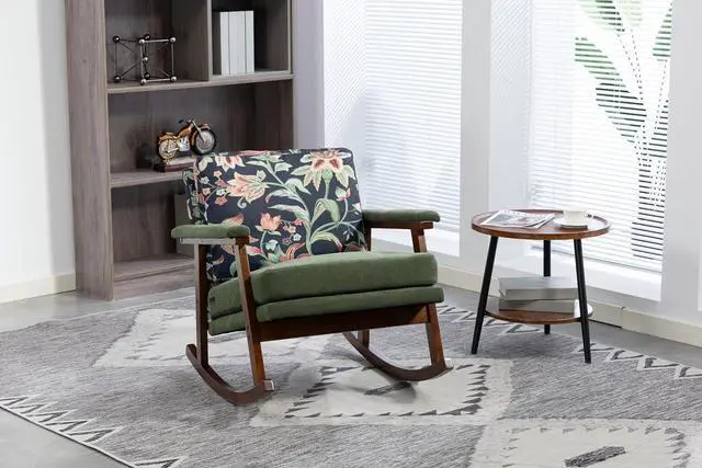 Main image of Mid Century Accent Rocking Chair with Removable Cushion, Retractable Living Room Glider Chair with Wood Frame, Washable Cushion Cover, Velvet Upholstered Reading Armchair for Bedroom Sunroom, Green