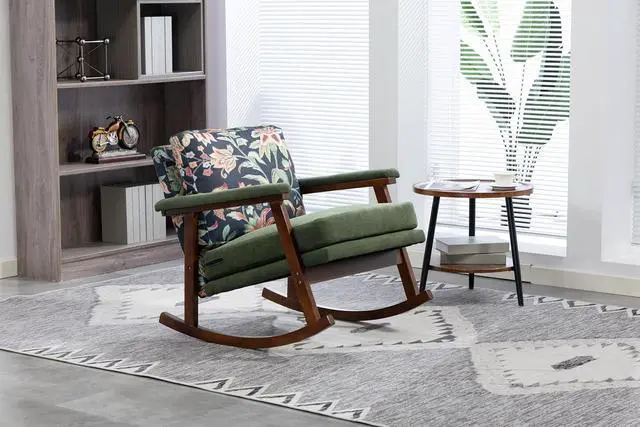 Alt view image 3 of 7 - Mid Century Accent Rocking Chair with Removable Cushion, Retractable Living Room Glider Chair with Wood Frame, Washable Cushion Cover, Velvet Upholstered Reading Armchair for Bedroom Sunroom, Green