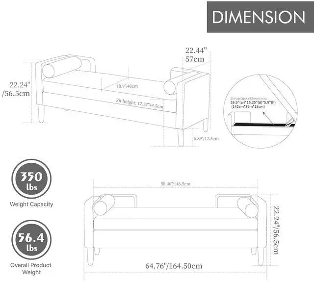 Alt view image 2 of 7 - 64.7"Storage Bench with End Lift Cover, Corduroy Upholstered End of Bed Bench, Ottoman with Armrests&Backrest, Foot Stool with 2 Rolled Pillows,Wood Legs for Living Room, Entryway, Bedroom, Ivory