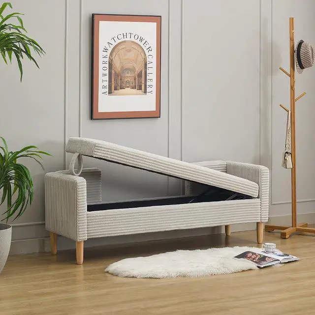 Main image of 64.7"Storage Bench with End Lift Cover, Corduroy Upholstered End of Bed Bench, Ottoman with Armrests&Backrest, Footrest with 2 Rolled Pillows,Wood Legs for Living Room, Entryway, Bedroom, Light Gray