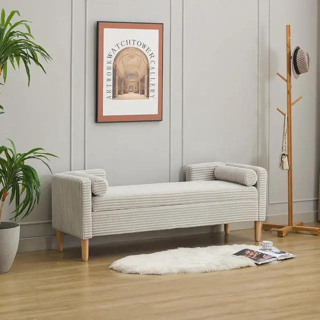 Alt view image 4 of 7 - 64.7"Storage Bench with End Lift Cover, Corduroy Upholstered End of Bed Bench, Ottoman with Armrests&Backrest, Footrest with 2 Rolled Pillows,Wood Legs for Living Room, Entryway, Bedroom, Light Gray