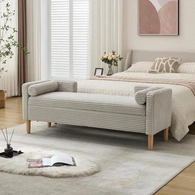 Alt view image 3 of 7 - 64.7"Storage Bench with End Lift Cover, Corduroy Upholstered End of Bed Bench, Ottoman with Armrests&Backrest, Footrest with 2 Rolled Pillows,Wood Legs for Living Room, Entryway, Bedroom, Light Gray