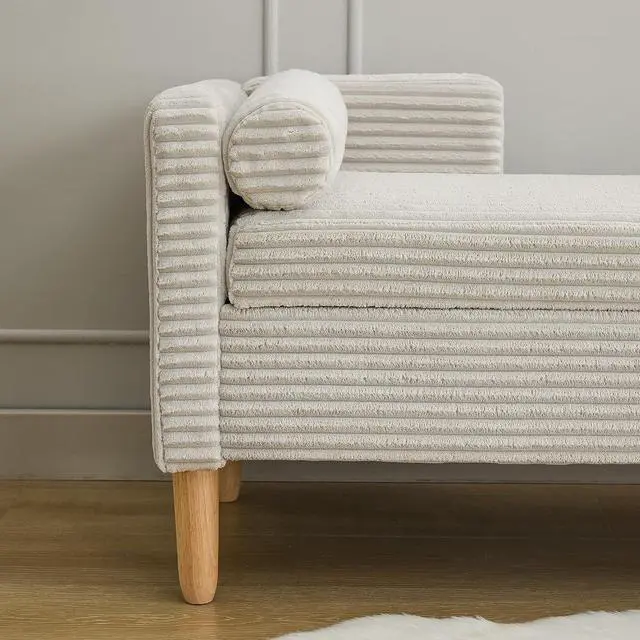 Alt view image 6 of 7 - 64.7"Storage Bench with End Lift Cover, Corduroy Upholstered End of Bed Bench, Ottoman with Armrests&Backrest, Footrest with 2 Rolled Pillows,Wood Legs for Living Room, Entryway, Bedroom, Light Gray