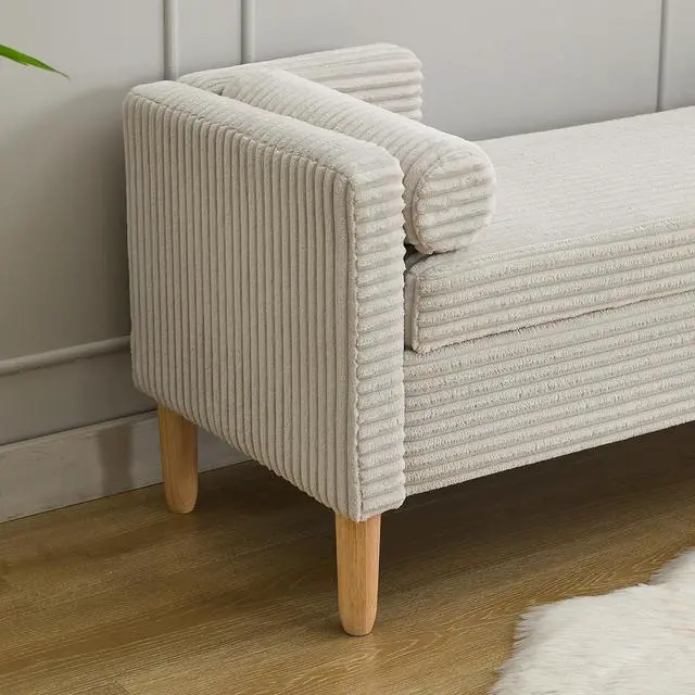 Alt view image 7 of 7 - 64.7"Storage Bench with End Lift Cover, Corduroy Upholstered End of Bed Bench, Ottoman with Armrests&Backrest, Footrest with 2 Rolled Pillows,Wood Legs for Living Room, Entryway, Bedroom, Light Gray