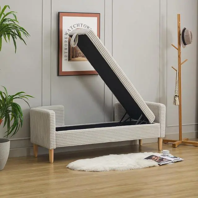 Alt view image 5 of 7 - 64.7"Storage Bench with End Lift Cover, Corduroy Upholstered End of Bed Bench, Ottoman with Armrests&Backrest, Footrest with 2 Rolled Pillows,Wood Legs for Living Room, Entryway, Bedroom, Light Gray
