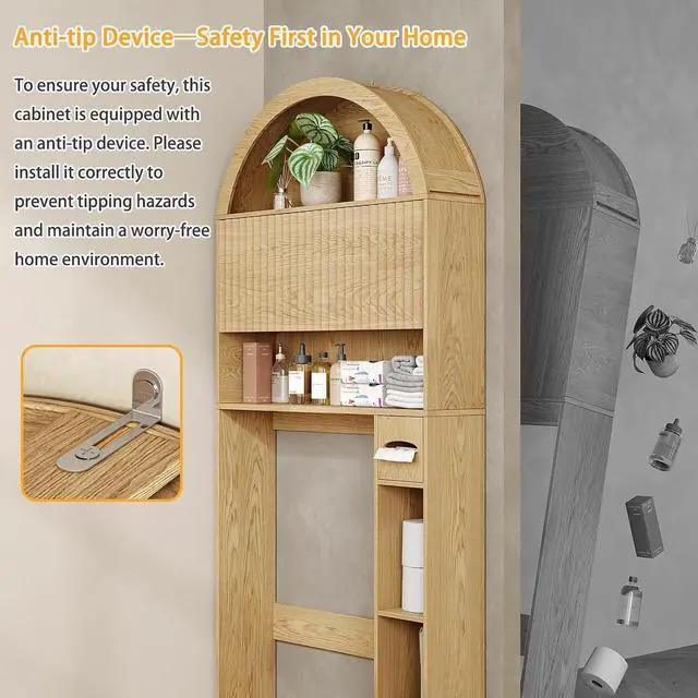 Alt view image 6 of 7 - 31" W Arched Over The Toilet Storage Cabinet, Fluted Doors, Natural | Over Toilet Bathroom Organizer with Doors, Bathroom Storage Cabinet with Toilet Paper Holder and Anti-Tipping Device