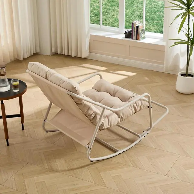 Alt view image 5 of 7 - Outdoor Patio Rocking Chair with Removable Cushion, Armless Accent Lounge Chair with Soft Staple Fiber Cushion, Metal Frame and Footrest for Living Room, Bedroom, Reading Room, Beige