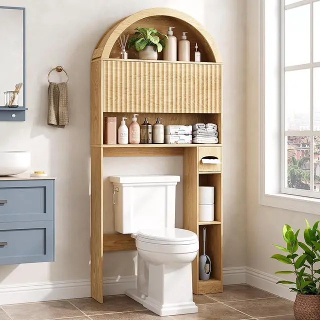 Alt view image 7 of 7 - 31" W Arched Over The Toilet Storage Cabinet, Fluted Doors, Natural | Over Toilet Bathroom Organizer with Doors, Bathroom Storage Cabinet with Toilet Paper Holder and Anti-Tipping Device