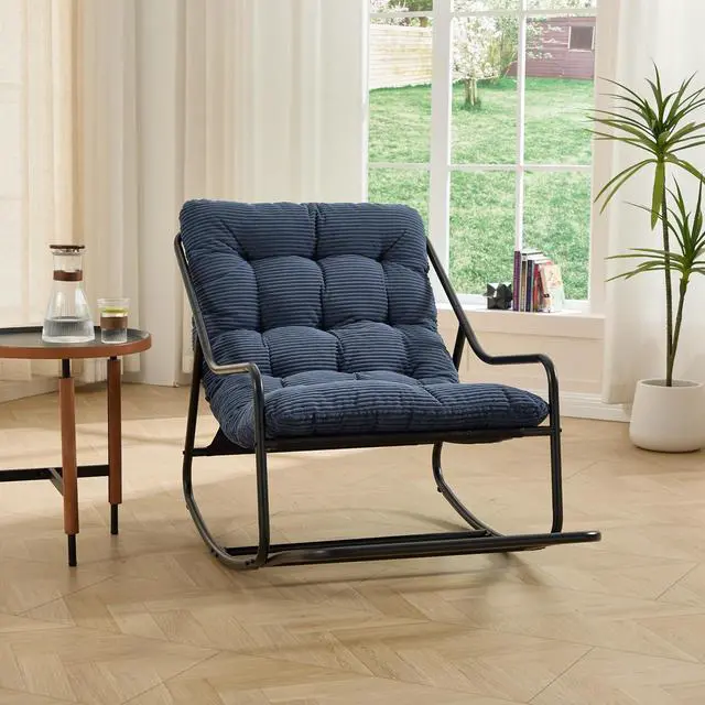 Alt view image 3 of 7 - Outdoor Patio Rocking Chair with Removable Cushion, Armless Accent Lounge Chair with Soft Corduroy Cushion, Metal Frame and Footrest for Living Room, Bedroom, Reading Room, Navy Blue
