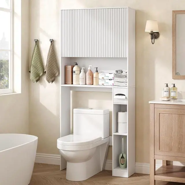 Main image of 31" W Wooden Over The Toilet Storage Cabinet, Fluted Doors, White | Over Toilet Bathroom Organizer with Doors, Bathroom Storage Cabinet with Toilet Paper Holder and Anti-Tipping Device