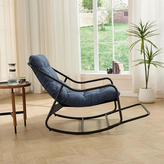 Alt view image 5 of 7 - Outdoor Patio Rocking Chair with Removable Cushion, Armless Accent Lounge Chair with Soft Corduroy Cushion, Metal Frame and Footrest for Living Room, Bedroom, Reading Room, Navy Blue