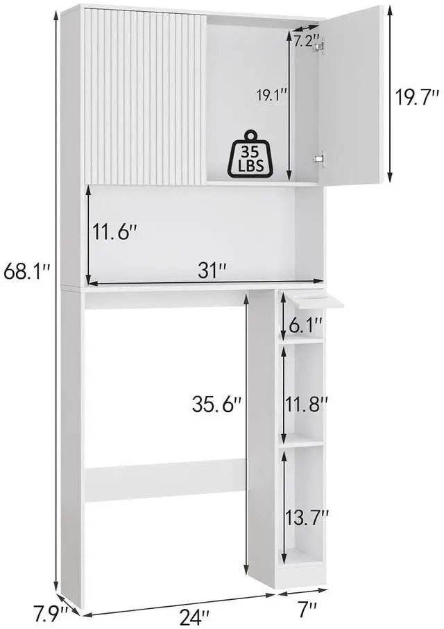 Alt view image 2 of 7 - 31" W Wooden Over The Toilet Storage Cabinet, Fluted Doors, White | Over Toilet Bathroom Organizer with Doors, Bathroom Storage Cabinet with Toilet Paper Holder and Anti-Tipping Device