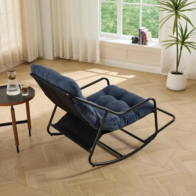Alt view image 4 of 7 - Outdoor Patio Rocking Chair with Removable Cushion, Armless Accent Lounge Chair with Soft Corduroy Cushion, Metal Frame and Footrest for Living Room, Bedroom, Reading Room, Navy Blue