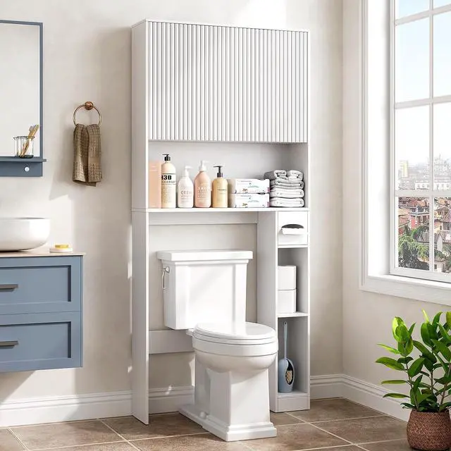 Alt view image 5 of 7 - 31" W Wooden Over The Toilet Storage Cabinet, Fluted Doors, White | Over Toilet Bathroom Organizer with Doors, Bathroom Storage Cabinet with Toilet Paper Holder and Anti-Tipping Device