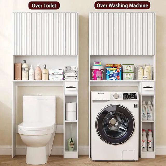 Alt view image 6 of 7 - 31" W Wooden Over The Toilet Storage Cabinet, Fluted Doors, White | Over Toilet Bathroom Organizer with Doors, Bathroom Storage Cabinet with Toilet Paper Holder and Anti-Tipping Device