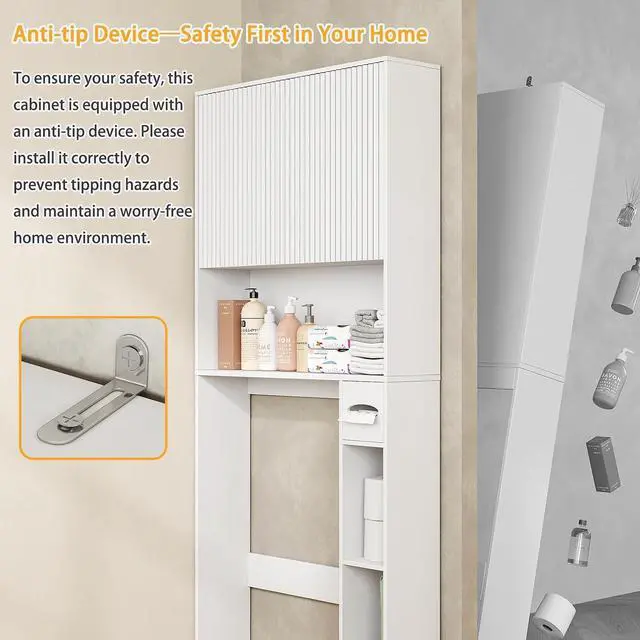 Alt view image 7 of 7 - 31" W Wooden Over The Toilet Storage Cabinet, Fluted Doors, White | Over Toilet Bathroom Organizer with Doors, Bathroom Storage Cabinet with Toilet Paper Holder and Anti-Tipping Device