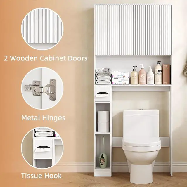 Alt view image 3 of 7 - 31" W Wooden Over The Toilet Storage Cabinet, Fluted Doors, White | Over Toilet Bathroom Organizer with Doors, Bathroom Storage Cabinet with Toilet Paper Holder and Anti-Tipping Device