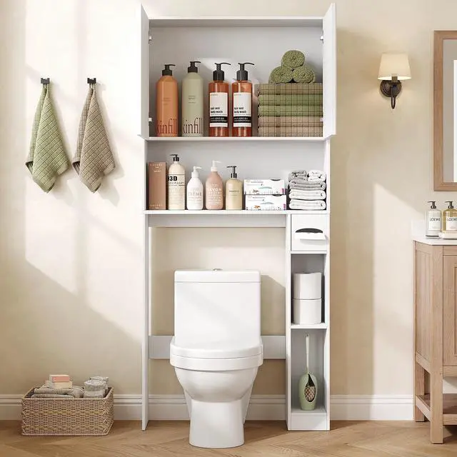 Alt view image 4 of 7 - 31" W Wooden Over The Toilet Storage Cabinet, Fluted Doors, White | Over Toilet Bathroom Organizer with Doors, Bathroom Storage Cabinet with Toilet Paper Holder and Anti-Tipping Device