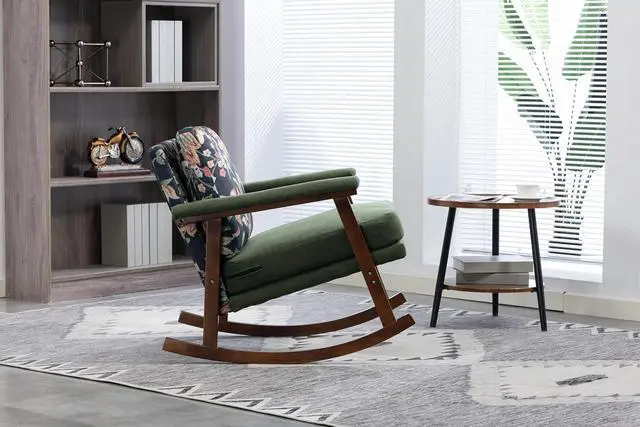 Alt view image 4 of 7 - Mid Century Accent Rocking Chair with Removable Cushion, Retractable Living Room Glider Chair with Wood Frame, Washable Cushion Cover, Velvet Upholstered Reading Armchair for Bedroom Sunroom, Green