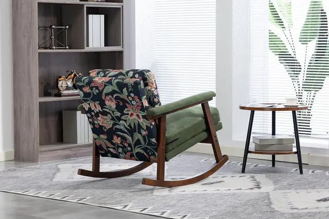 Alt view image 5 of 7 - Mid Century Accent Rocking Chair with Removable Cushion, Retractable Living Room Glider Chair with Wood Frame, Washable Cushion Cover, Velvet Upholstered Reading Armchair for Bedroom Sunroom, Green