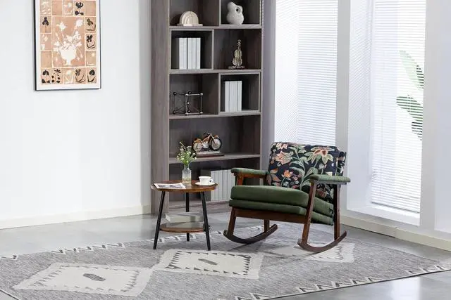 Alt view image 6 of 7 - Mid Century Accent Rocking Chair with Removable Cushion, Retractable Living Room Glider Chair with Wood Frame, Washable Cushion Cover, Velvet Upholstered Reading Armchair for Bedroom Sunroom, Green