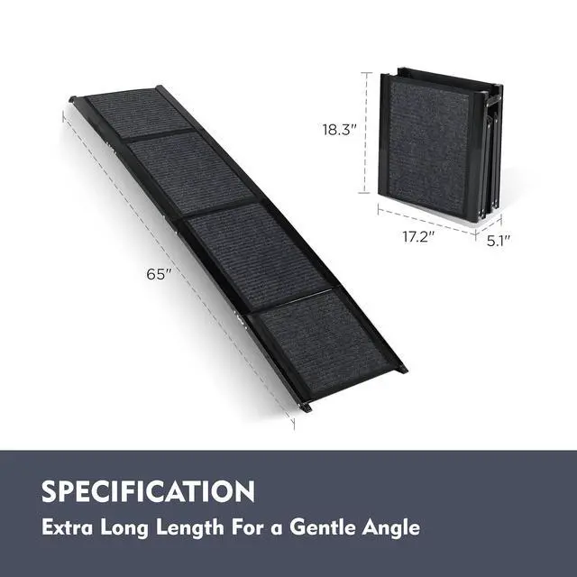 Alt view image 3 of 7 - Foldable Dog Ramp for Car, 65" L x 17.2" W Pet Ramp for Medium & Large Dogs, Outdoor Folding Dog Car Steps with Non-Slip Rug Surface and Aluminium Frame for SUV & Truck, Supports up to 250LBS