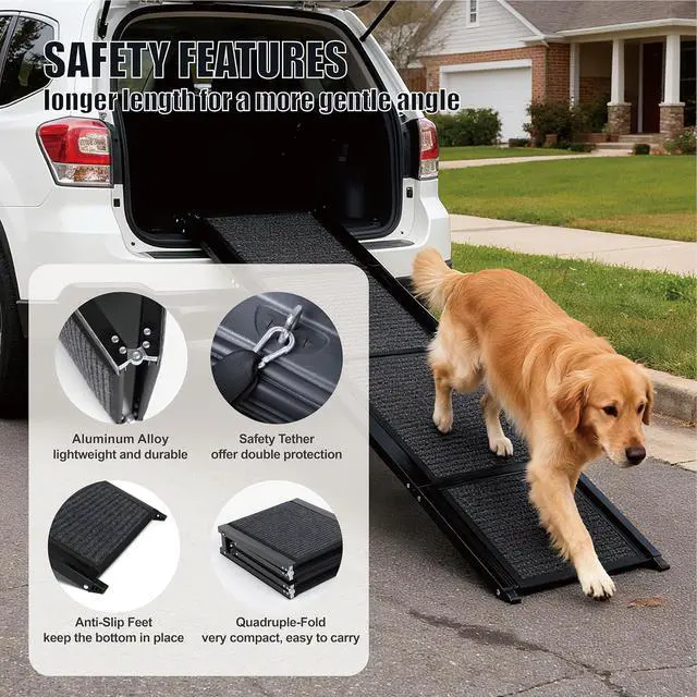 Alt view image 4 of 7 - Foldable Dog Ramp for Car, 65" L x 17.2" W Pet Ramp for Medium & Large Dogs, Outdoor Folding Dog Car Steps with Non-Slip Rug Surface and Aluminium Frame for SUV & Truck, Supports up to 250LBS
