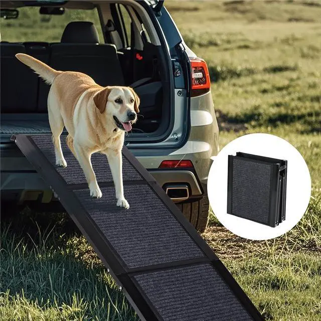 Alt view image 5 of 7 - Foldable Dog Ramp for Car, 65" L x 17.2" W Pet Ramp for Medium & Large Dogs, Outdoor Folding Dog Car Steps with Non-Slip Rug Surface and Aluminium Frame for SUV & Truck, Supports up to 250LBS