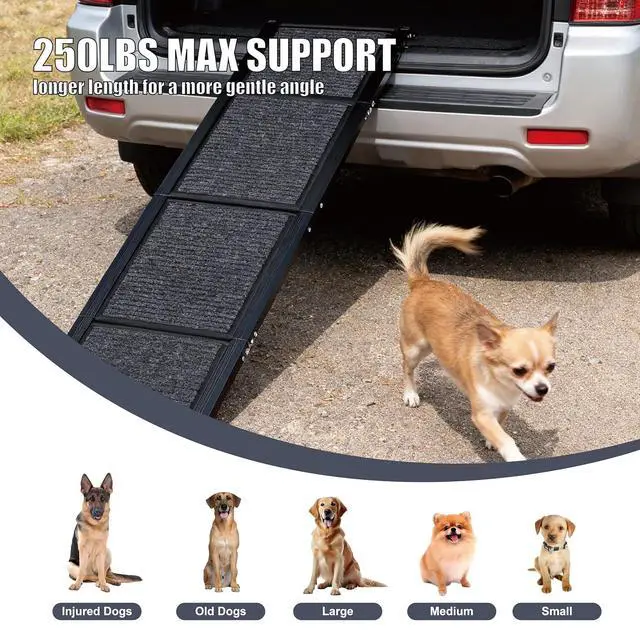 Alt view image 6 of 7 - Foldable Dog Ramp for Car, 65" L x 17.2" W Pet Ramp for Medium & Large Dogs, Outdoor Folding Dog Car Steps with Non-Slip Rug Surface and Aluminium Frame for SUV & Truck, Supports up to 250LBS